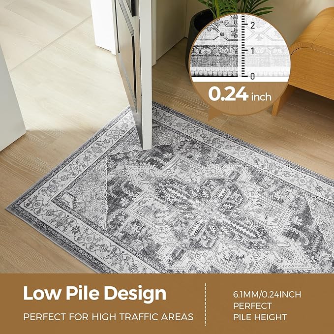 WITSHOCK Extra Long Runner Rug for Hallway 2x12: Washable Vintage Boho Low Pile Stain Resistant Foldable Carpet for Bedroom Kitchen Entryway Indoor Entrance Distressed Farmhouse Home Decor, Grey