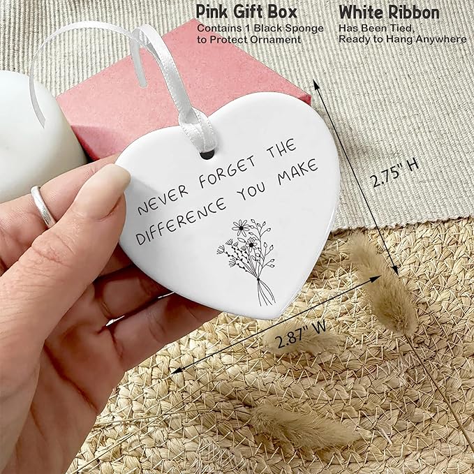 Heart Shaped Christmas Ornament-Appreciation Keepsake Thank You Gift for New Job Retirement Leaving-Never Forget The Difference You Make Ceramic Ornament Double-Sided Printing