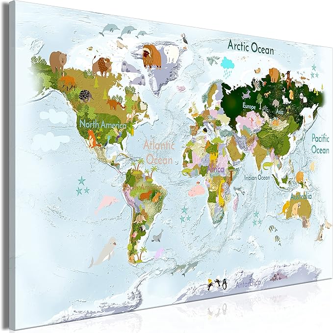 artgeist Textured Canvas Wall Art World Map for Children 35x24 in - 1pcs Painting Canvas Prints Picture Artwork Image Framed Contemporary Modern Photo Animals World Map k-A-0508-b-a