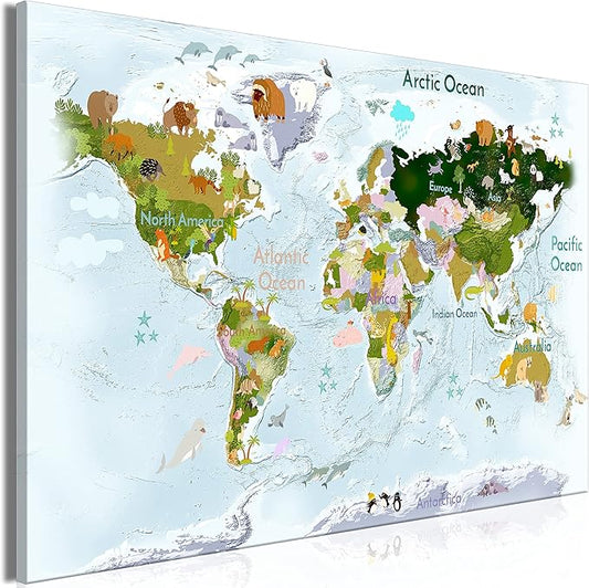 artgeist Textured Canvas Wall Art World Map for Children 35x24 in - 1pcs Painting Canvas Prints Picture Artwork Image Framed Contemporary Modern Photo Animals World Map k-A-0508-b-a