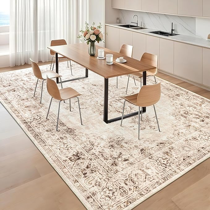Area Rug 6x9, Washable Rug for Living Room, Large Area Rugs for Bedroom, Vintage Rug 6x9 for Dining Room, Non Slip Soft Low Pile Indoor Carpet for Kitchen, Nursery, Office, Farmhouse, Beige