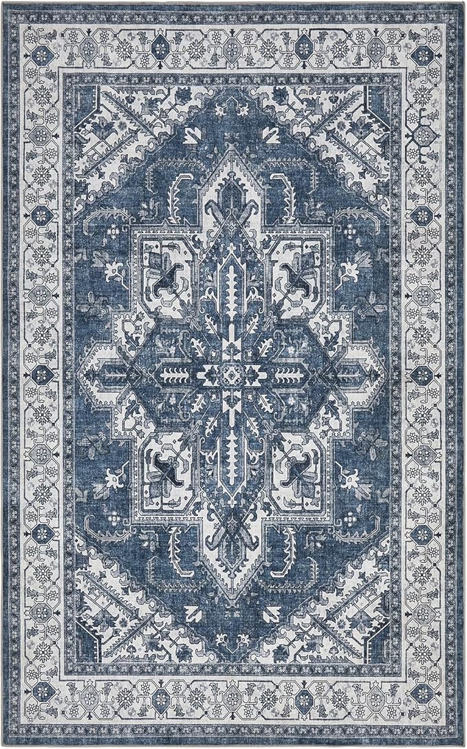WITSHOCK Living Room Area Rugs 5x8: Washable Rug Boho Soft Non-Slip Low Pile Stain Resistant Foldable Carpet for Bedroom Playroom Dining Room Office Kitchen Farmhouse Home Decor Rug-Blue