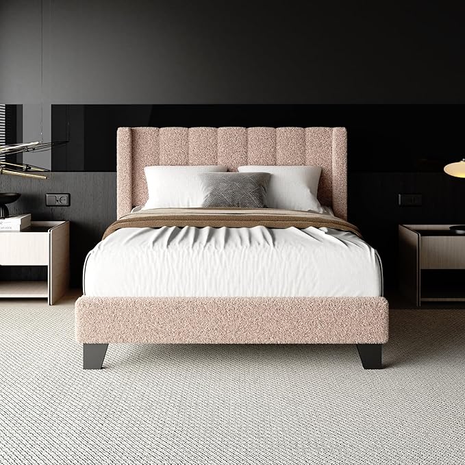 Full Bed Frame with Headboard Upholstered Platform Bed Frame with Teddy Velvet Headboard, Wooden Slats Support/Wing Edge Design/No Box Spring Needed/Easy Assembly, Brown Full