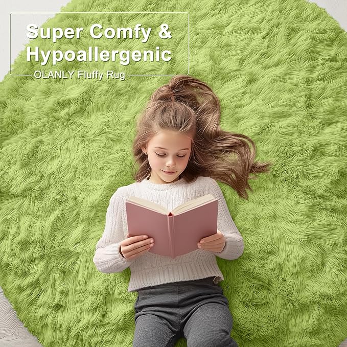 OLANLY Grass Green Round Rugs for Bedroom - Machine Washable, 6 ft Circle Area Rugs for Living Room, Soft and Fluffy Shaggy Carpet for Teen Girls and Boys, Nursery Rooms, Dorms, Home Decor Aesthetic