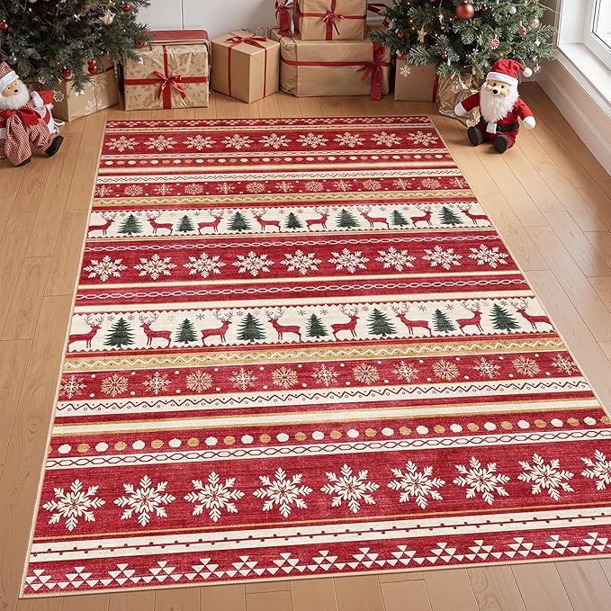 Area Rugs for Living Room Washable Living Room Rug Soft Neutral Indoor Floor Carpet Non-Slip Stain Resistant Modern Boho Rugs for Bedroom Dining Room Kids Room Nursery Office Home Red Green