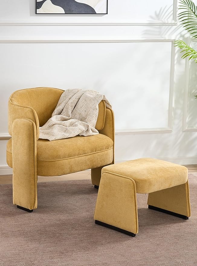 LOULENS Oversized Accent Chair with Ottoman, Modern Upholstered Barrel Chair with Footrest, Comfy Round Armchair for Living Room, Bedroom, Reading Room & Corner (1, Yellow)