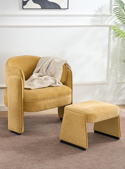 LOULENS Oversized Accent Chair with Ottoman, Modern Upholstered Barrel Chair with Footrest, Comfy Round Armchair for Living Room, Bedroom, Reading Room & Corner (1, Yellow)