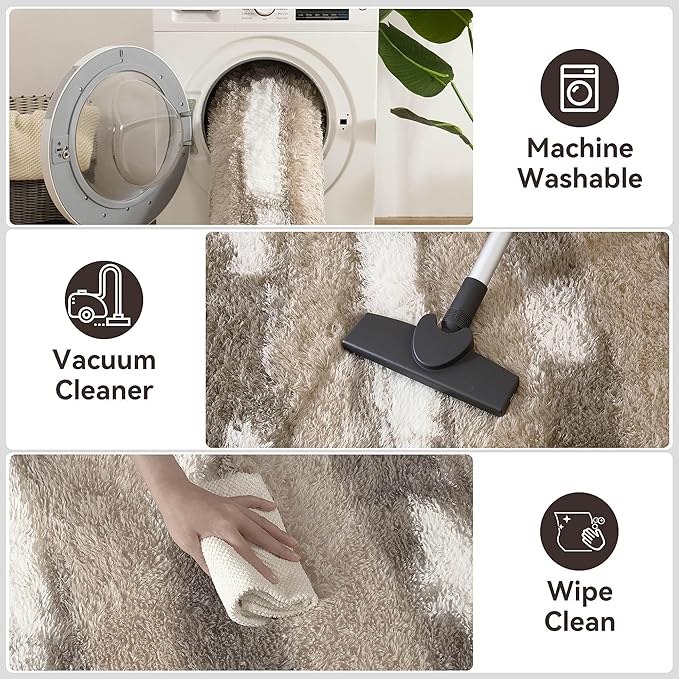 Meralax Area Rugs for Living Room Bedroom, Machine Washable 4x6 Feet Soft Fluffy Shaggy Bedside Rug, Beige and White Indoor Floor Carpet for Kids Boys, Dorms, Nursery Rooms, Home Decor Aesthetic