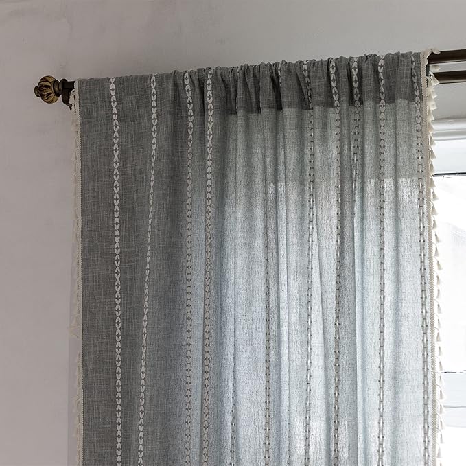 Deeprove Boho Curtains 84 Inches Long for Bedroom Living Room Kitchen, Cotton Linen Striped Embroidery Semi Blackout Bohemian Window Treatment Drape Handmade Tassels 1 Panel W52 x L84 Greyish -Blue