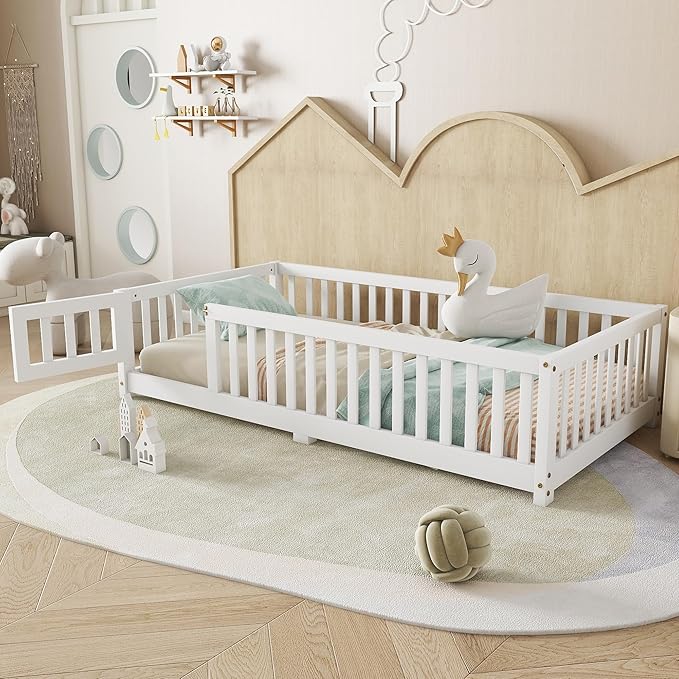 Twin Floor Bed with Slats, Fence and Door, Twin Size Montessori Floor Bed for Kids, Girls, Boys, Easy Assemble Montessori Bed Frame(Twin White)