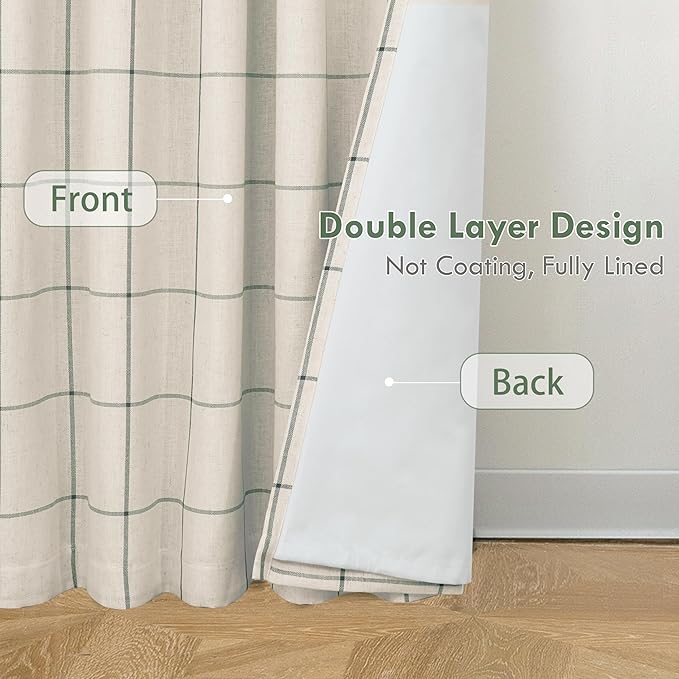 DriftAway 2 Panels 100% Blackout Windowpane Plaid Linen Curtains Double Layer Drapes for Bedroom 90 Inches Long Farmhouse Thermal Insulated 3.25 Inch Rod Pocket Back Tab for Living Room Loden Green