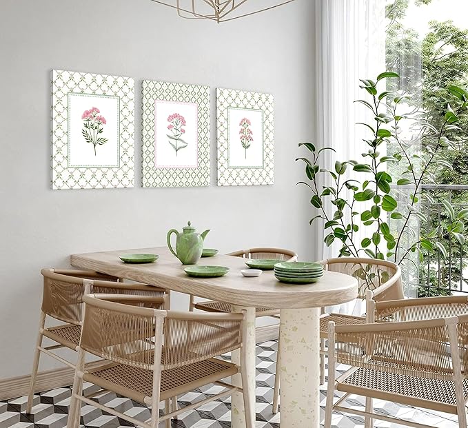 3Pcs Pink Green Floral Canvas Wall Art Wildflower Baby Room Painting Picture Wall Decor Pastel Botanical Poster Print Artwork for Bedroom Living Room Girls Bedroom Nursery Dining Room Home Decoration