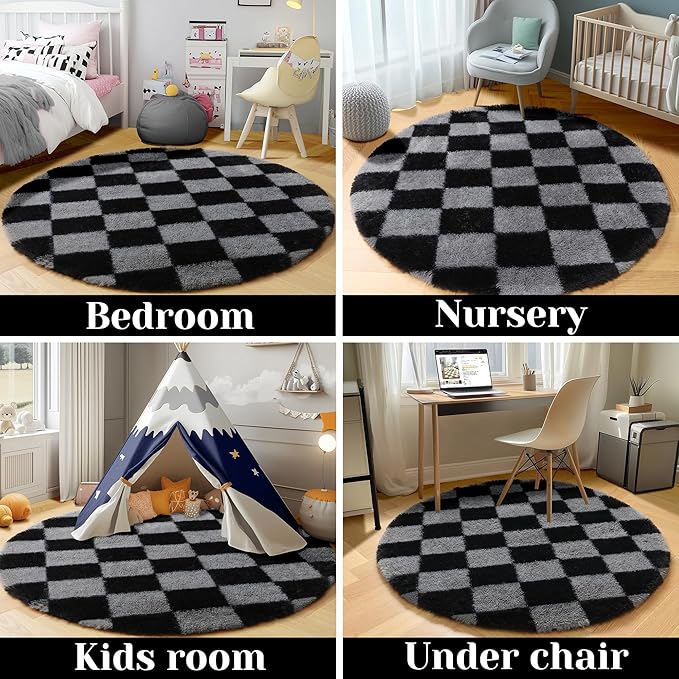 KICMOR Round Rugs 5ft Black and Grey Circle Area Rug, Fluffy Soft Fuzzy Shag Shaggy Bedroom Living Room Carpet, Indoor Checkered Circular Rug for Teen Kids Boys Girls Home Decor Aesthetic, Nursery