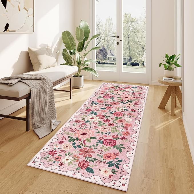 DUKINO 2x6 Kitchen Runner Rug for Hallway, Washable Runner Rug with Non Slip Backing, Low Pile Soft Boho Floral Carpet for Girls Room, Kitchen, Entryway, Laundry, Bedroom, Pink