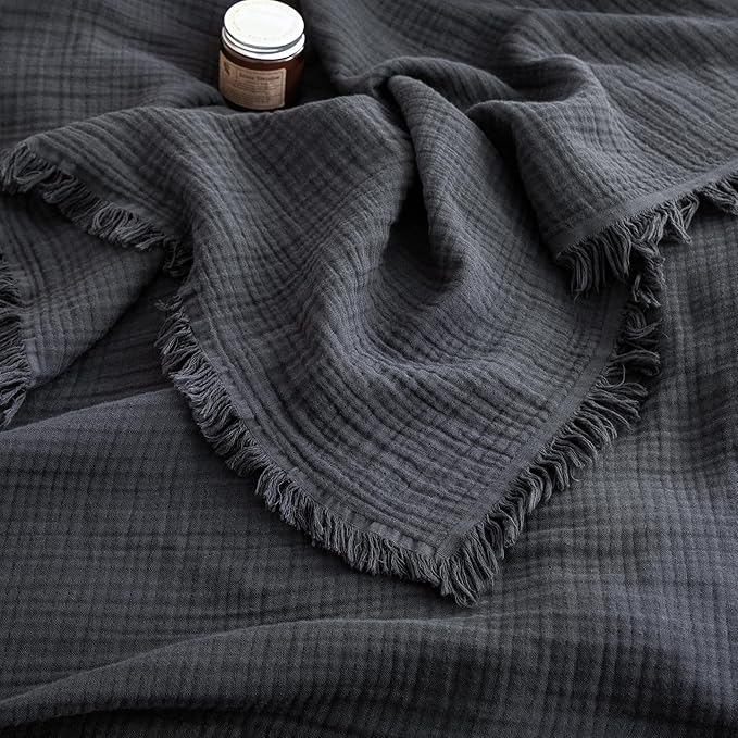 FOSSA Muslin Blanket with Fringe - 4-Layer 100% Cotton Gauze Super Soft & Breathable Throw -Lightweight Decorative Cooling Blanket for Bed, Sofa, Office (Dark Gray, Queen (90" × 90"))