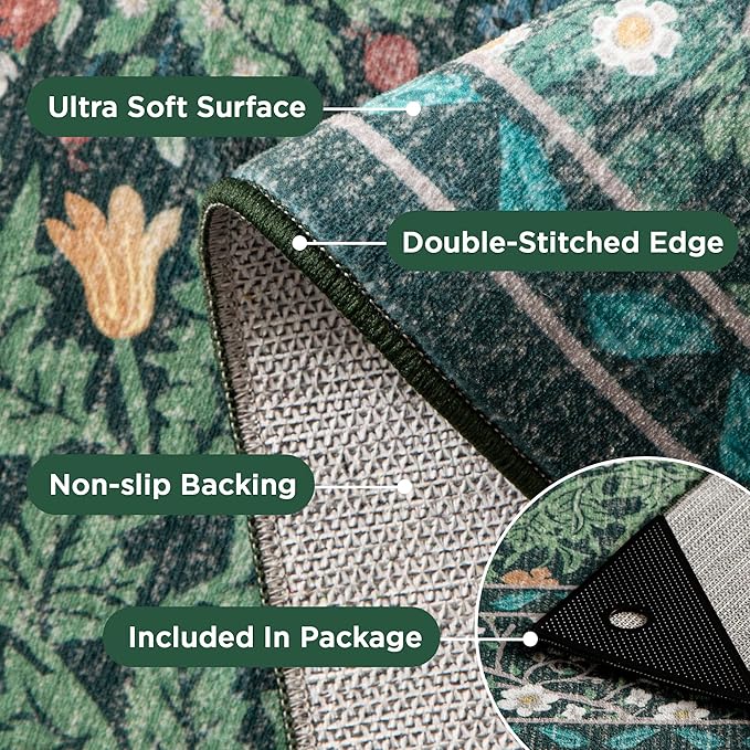 3x5 Washable Dark Green Floral Area Rug for Living Room, Non-Slip Soft Floral Print Vintage Boho Carpet, Forest Green Low Pile Rugs for Bedroom, Dining Room, Indoor Decor
