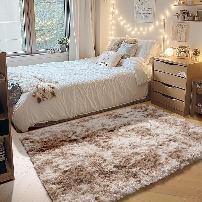 ONASAR Area Rugs for Bedroom Living Room, Washable Fluffy Tie-Dye Beige 4x6 Indoor Bedside Floor Throw Rug, Soft Plush Shaggy Carpet for Nursery Kids Girls Boys Teen Dorm Home Office Decor Aesthetic