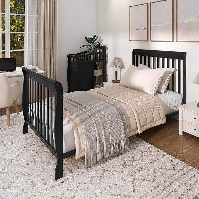 Dream On Me Jayden 4‑in‑1 Mini Convertible Baby Crib & Changer with Storage in Black, Pinewood, GreenGuard Gold & JPMA, 1” Mattress Pad, 3 Mattress Heights, Converts to Mini Day & Twin-Size Bed