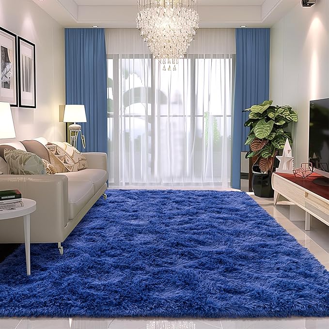 Navy Blue Fluffy Rugs 9x12 Living Room - Super Soft Fuzzy Shag Rug Non Slip Large 9 by 12 Area Rug for Bedroom