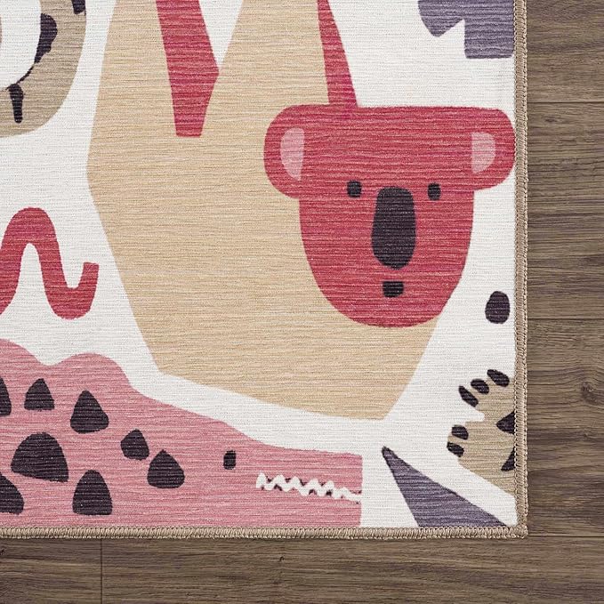 Hauteloom Natal Kids Room, Nursery Machine Washable Area Rug - Animals - Beige, Terracotta - 7'10" x 10'2"