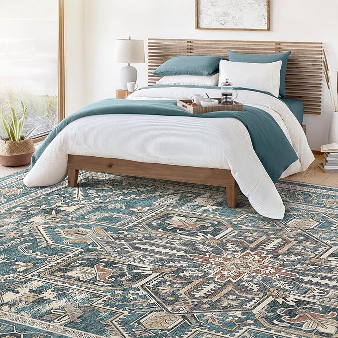WITSHOCK Living Room Area Rugs 9x12: Washable Rug Boho Soft Non-Slip Low Pile Stain Resistant Foldable Carpet for Bedroom Playroom Dining Room Office Kitchen Farmhouse Home Decor Rug-Dull Teal