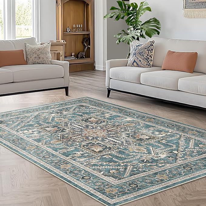 WITSHOCK Living Room Area Rugs 6x9: Washable Rug Boho Soft Non-Slip Low Pile Stain Resistant Foldable Carpet for Bedroom Playroom Dining Room Office Kitchen Farmhouse Home Decor Rug-Dull Teal