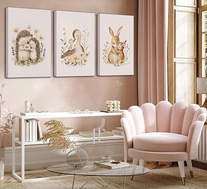 3 Pcs Animal Nursery Canvas Wall Art Watercolor Baby Animals with Wildflowers Painting Picture Wall Decor Cute Rabbit Hedgehog Duck Nursery Paintings Artwork for Kids, Baby Room Home Decoration