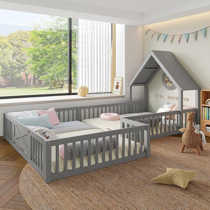 Harper & Bright Designs Full Size House Shaped Double Floor Bed with Door and Full-Length Guardrails, Solid Wood Kids Montessori Floor Bed for Girls Boys, Multi-Function, Grey