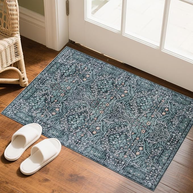 2x3 Washable Entry Rug,Retro Green Front Door Rugs，Non-Slip Vintage Throw Small Carpet for Bedroom Kitchen Classroom Rug Bathroom Children's Room Entrance
