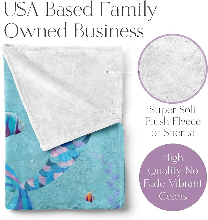 Personalized Mermaid Blanket for Girls | Kids Unicorn | Custom Plush Fuzzy Unicorns for Toddler | Customized Little Girl Throw Blankets | Baby Girl Sofa Bed Birthday (Fleece – 60x80)