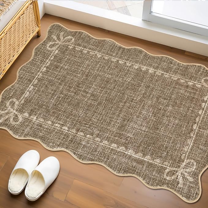 GarveeHome Scalloped Bow Rug for Kitchen Floor, Solid Brown Rug for Dorm, Washable Entryway Rugs 2x3 Soft Low Pile Non Slip Scalloped Rugs for Nursery Bedroom Decor Hallway