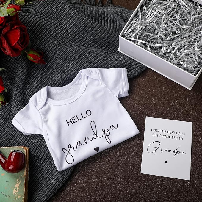 4 Pcs Pregnancy Announcement for Grandpa, Hello Grandpa Baby Bodysuit, Grandpa Pregnancy Reveal Card Baby Reveal Gift Box Baby Announcement Gifts Set for Grandpa