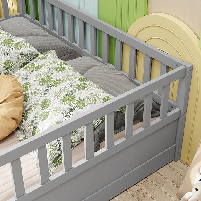 Ball & Cast Full Size Montessori Floor Bed with Baffle Design & Open Door,Toddler Floor Bed Frame W/Fence and High Guardrails,Wooden Playhosue Bed for Girls and Boys,No Box Spring Needed,Grey