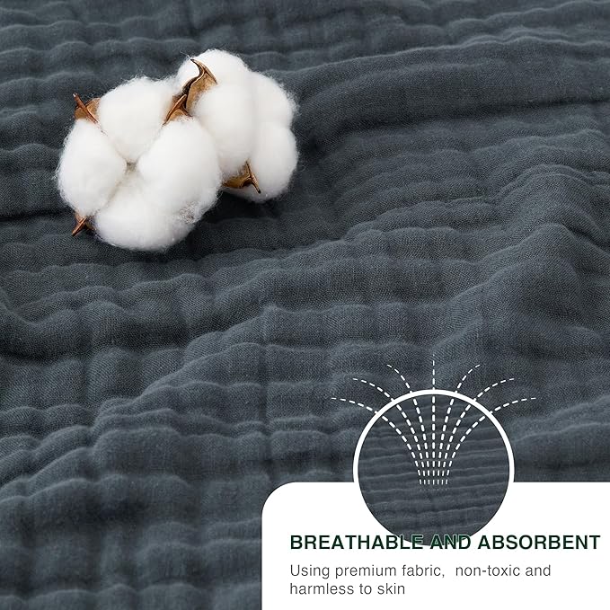Love's cabin 6 Layer 100% Cotton Muslin Blanket, 90"x90" Muslin Blanket Queen for Couch Bed, Lightweight and Breathable Cotton Gauze for Adult, Dark Grey