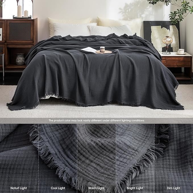 FOSSA Muslin Blanket with Fringe - 4-Layer 100% Cotton Gauze Super Soft & Breathable Throw -Lightweight Decorative Cooling Blanket for Bed, Sofa, Office -Throw XL Size 70" x 50" (Dark Gray)