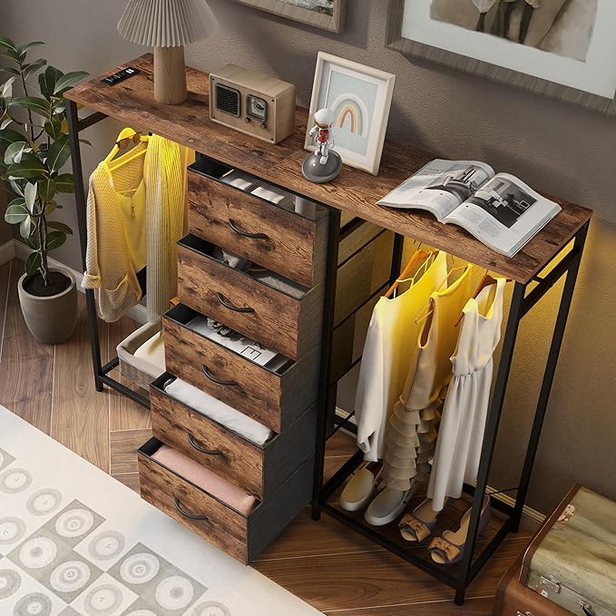 Dresser for Bedroom with Clothes Rack 5 Drawer Dresser with Charging Station LED Lights White Chest of Drawers Flexible Shelf and Open Storage Space for Bedroom Living Room (Brown)
