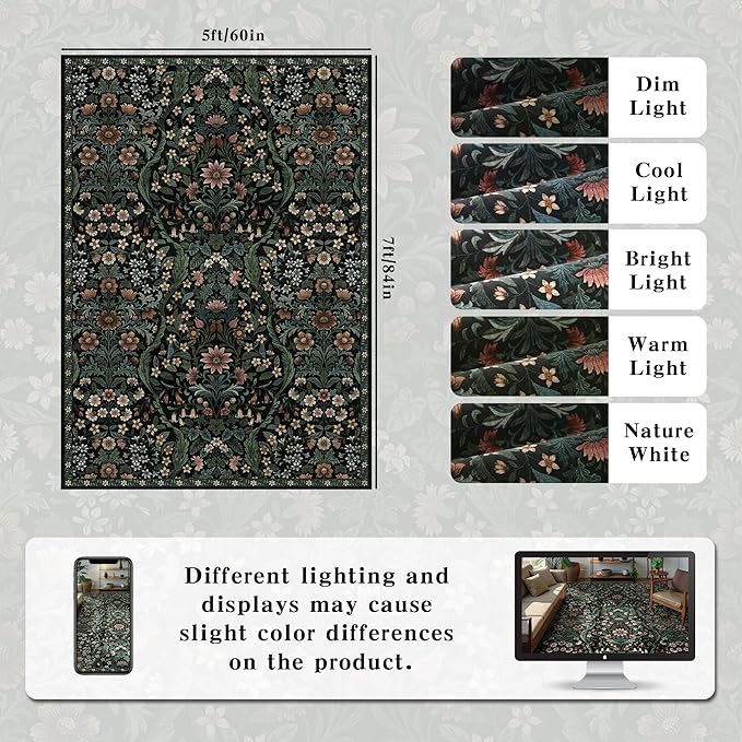 5×7 Black Washable Floral Area Rug,Vintage Boho Soft Low-Pile Living Room Rugs, Stain Resistant Botanical Non-Slip Carpet for Bedroom,Dining Room, Kids Nursery,Home Decor