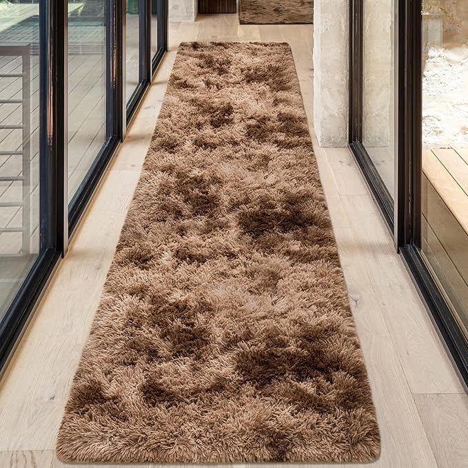 2x8 ft Plush Brown Tie Dye Rug Runner High Pile Fluffy Soft Bedside Rug Fuzzy shag Carpet for Bedroom Living Room Hallway Nursery Kids Home Decor Furry Carpet