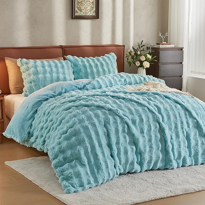 JELLYMONI Plush Duvet Cover Set - Queen Size Baby Blue Fur Comforter Cover 3pcs Bedding Set Luxury Ultra Soft Striped Fluffy Duvet Cover with Zipper and 2 Pillowcases (NO Comforter)