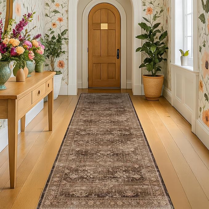 Boho Washable 2x8 Long Rugs for Hallway, Non Skid Front Door Runner Indoor Entrance, Floral Vintage Carpet for Kitchen, Non Slip Low Pile Stain Resistant Soft Mat (Gold Brown)