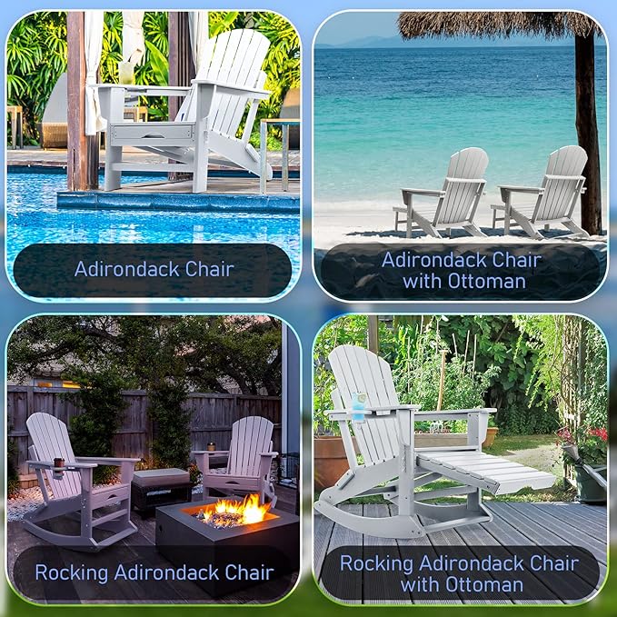 FUNBERRY Adirondack Rocking Chair, Multifunctional 4-in-1 Porch Rocker with Retractable Ottoman & Cup Holder HDPE All Weather