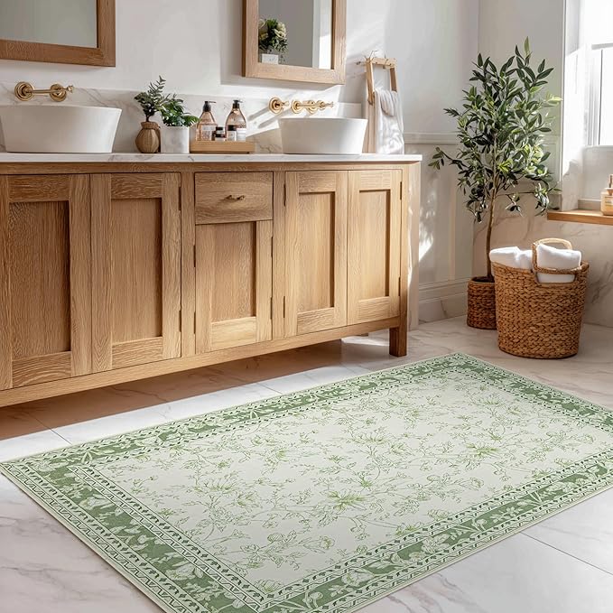 Small Green Rugs 2x3 Sage Green Kitchen for Entryway, Soft Washable Floral Sketch Printed Non-Slip Kitchen Mat, Low-Pile Indoor Bathroom Farmhouse Carpet for Entrance Cottage Boho Farmhouse