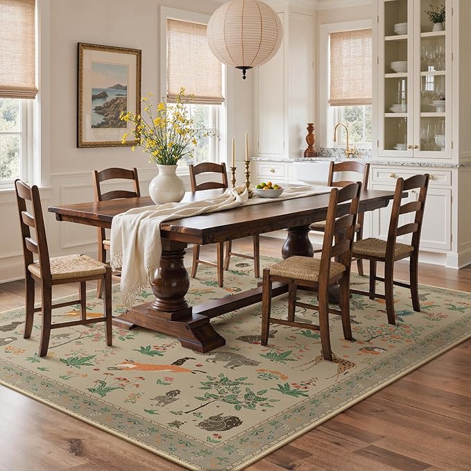 Washable Rugs 8x10 Rug for Living Room,Floral Animal Print Area Rug, Non Slip Low Pile Carpet for Bedroom, Dining Room, Nursery,Playroom, Light Taupe