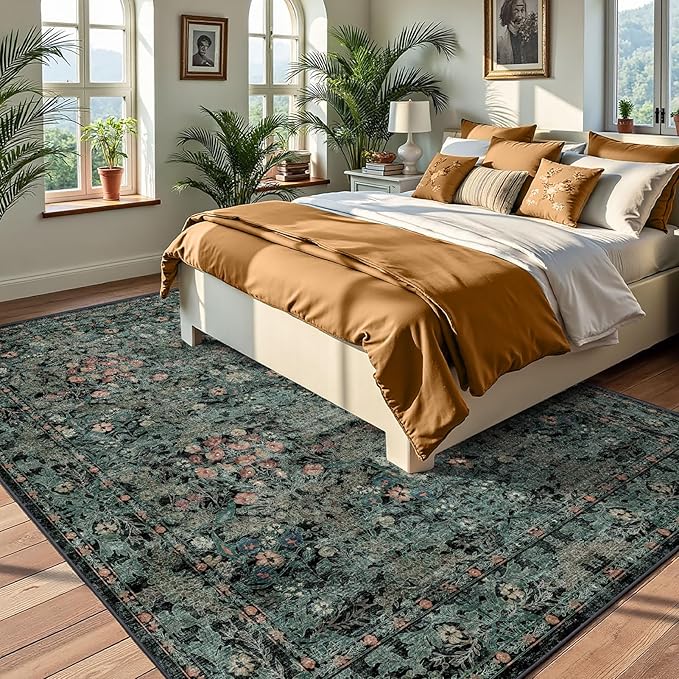 Farmhouse Dark Green Dining Room Rugs for Under Table - 6x9 Washable Cottagecore Distressed Low Pile Non Slip Flora Rug for Living Room, Bedroom, Nursery, Home Office - Soft Boho Moody Accent Mat