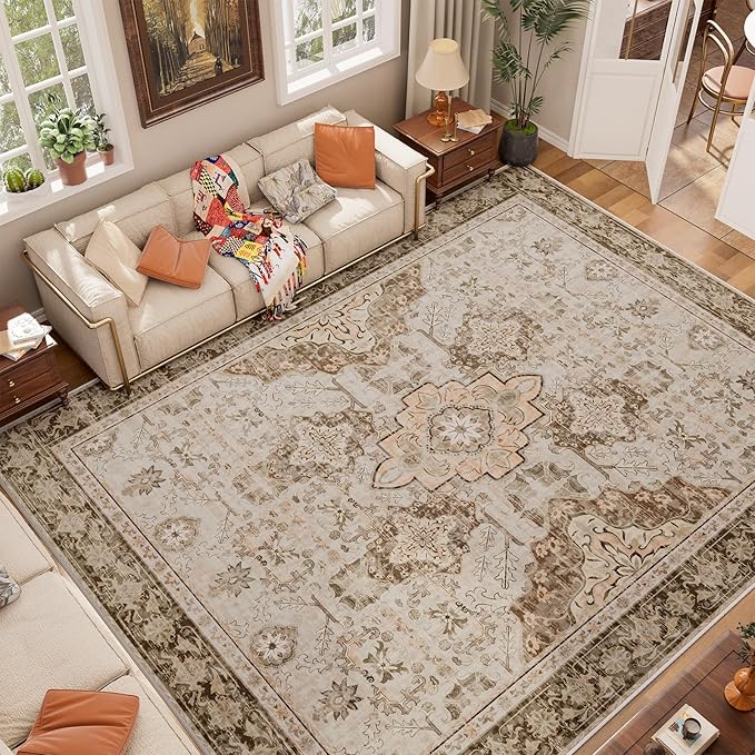 AMTOVO 8x10 Area Rugs for Living Room, Large Non-Slip Washable Rug, Boho Vintage Retro Medallion Print Pattern Carpet for Bedroom Dining Room Home Office Nursery Dorm Farmhouse, Light Brown