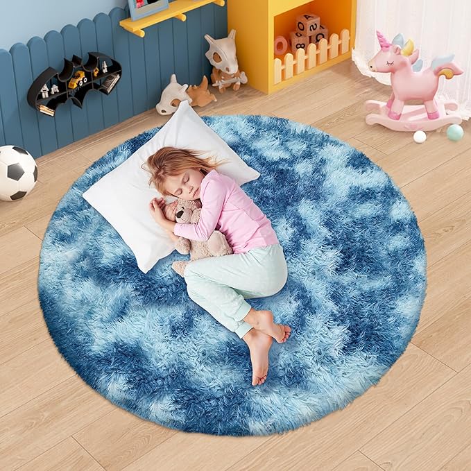 4 ft Round Fluffy Blue White Rug for Bedroom,Tie Dyed Furry Round Carpet Non Slip Fuzzy Shaggy Plush Circle Area Rug Rug for Living Room Room Nursery Room Playroom Kids Room Home Decor Washable