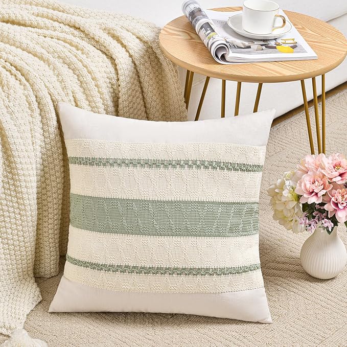 Fancy Homi Set of 2 Sage Green Boho Decorative Throw Pillow Covers 16x16 Inch for Living Room Bedroom Couch Bed Indoors, Rustic Retro Cushion Case 40x40 cm, Bohemian Room Home Decor