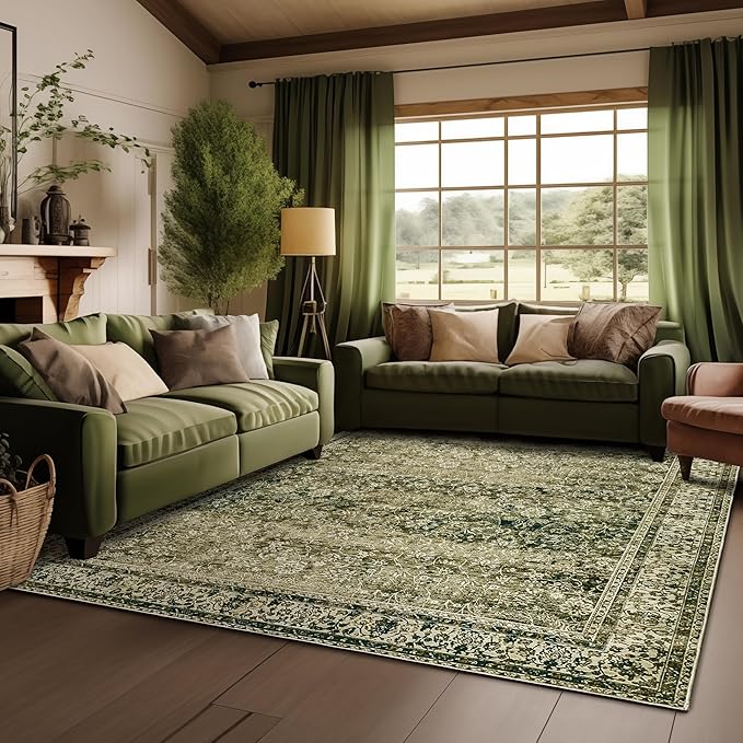 Washable 6x9 Area Rugs for Bedroom Aesthetic,Cozy Soft Faux Wool Neutral Dark Olive Green Decor Vintage Boho Rug for Living Room Bed Room Dining Room