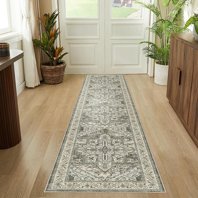 WITSHOCK 2x10 Long Runner Rug for Hallway: Washable Distressed Boho Low Pile Stain Resistant Foldable Carpet for Bedroom Kitchen Entryway Indoor Entrance, Oriental Farmhouse Floor Rug, Brown/Lvory