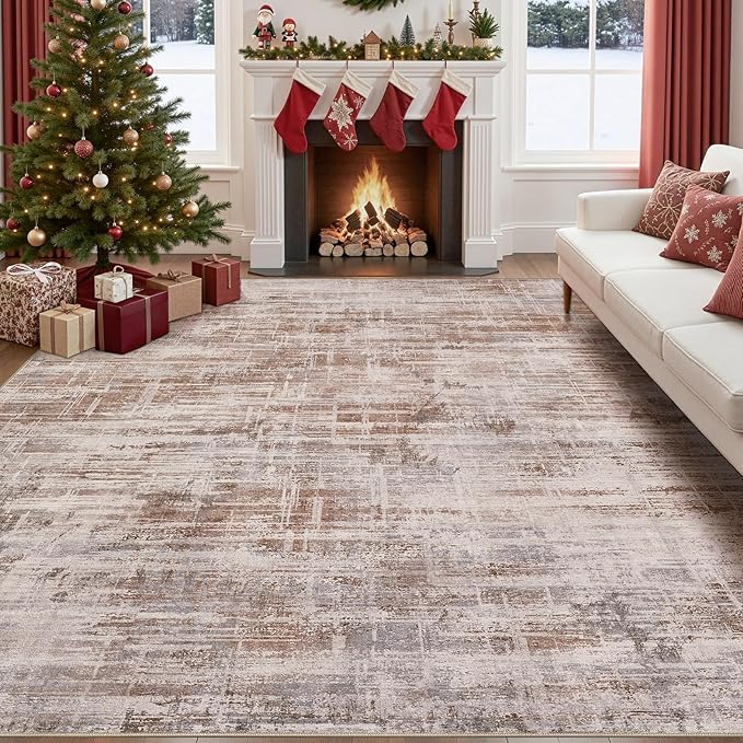 Area Rug for Living Room: 10x12 Washable Neutral Abstract Modern Soft Rugs Non Slip Indoor Floor Stain Resistant Large Carpet for Bedroom Dining Room Office Nursery - Red Brown